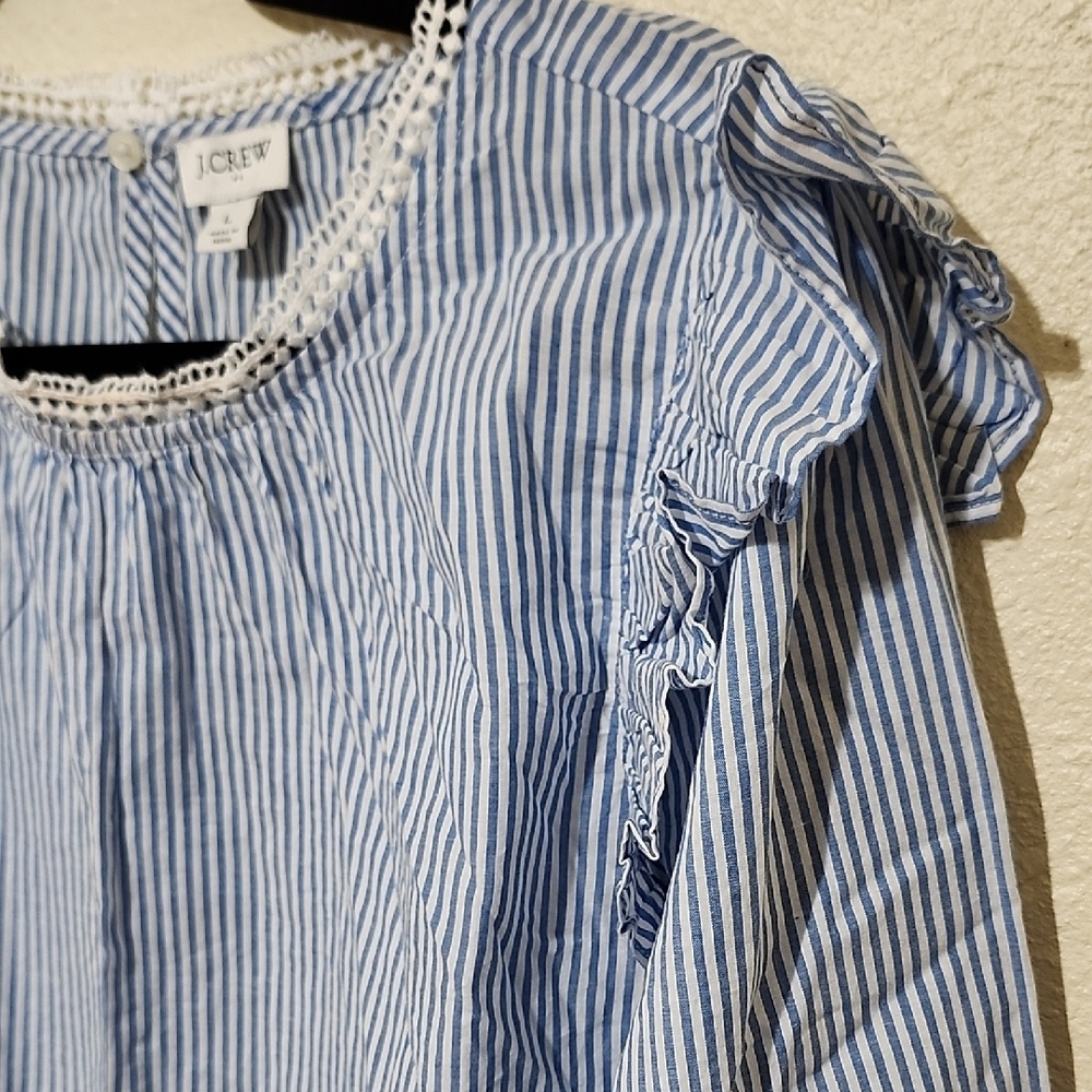 J. Crew Blue and White Ruffled Puff Sleeve Blouse - Picture 4 of 15
